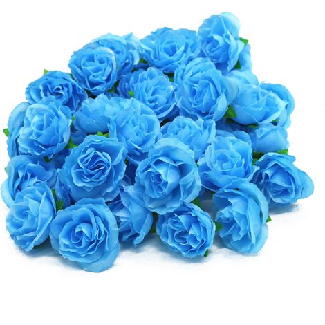 têtes de roses artificielles en soie réutilisables bleues