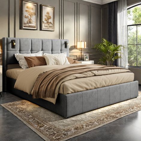 Lit coffre 160 x 200 cm, lit 160x200 avec sommier, lit double, cadre de lit, avec Lampe de lecture de chevet, Gris, velours