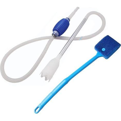 Kit de nettoyage pour aquarium (2 pièces) : siphon pour gravier avec brosse de nettoyage, brosse anti-algues et pompe à siphon manuelle. (1/5)