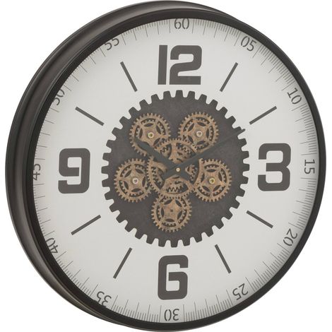 Horloge murale engrenage design bois noir et blanc - Noir blanc effet engrenage doré (1/3)