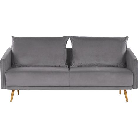 Sofá tapizado en terciopelo gris 3 plazas respaldo acolchado asiento metal patas doradas retro glam Maura (1/5)