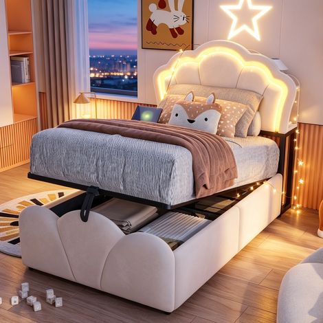 Lit Coffre double 90x200 cm velours Beige avec LED - tête de lit fleur et sommier à lattes - lit rembourré adulte, moderne élégant (1/5)