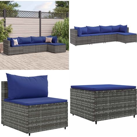 5-tlg. Garten-Lounge-Set mit Kissen Grau Poly Rattan - Garten Lounge Set - PE-Rattan Möbel - Outdoor Möbel - Gartenmöbel - Loungesessel - Home & Living (1/5)
