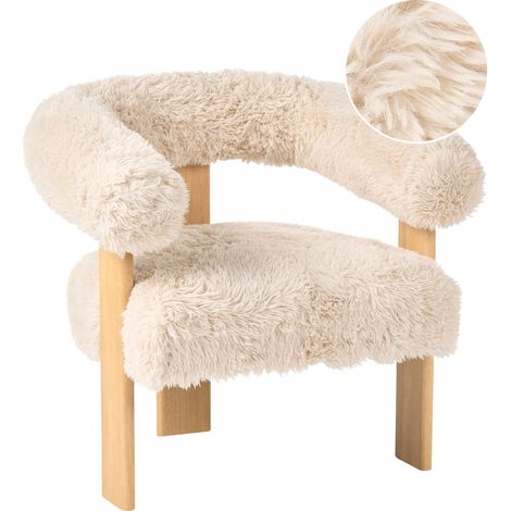 Sillón retro salón tapizado de pelo sintético patas de madera blanco crema y marrón claro Ilbro