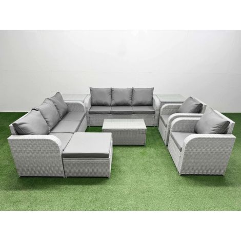 Fimous PE Rattan High Back Lounge Sofa Set Patio Coffee Table & Chairs Set with 3 Seater Sofa Reclining Chair Big Footstool 2 Side Table Light Grey (1/4)