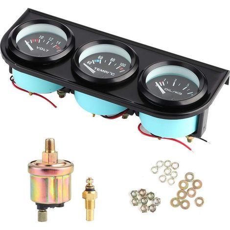 Kit de Jauges 3 en 1 52mm Voiture Voltmètre Température Eau Pression Huile avec Capteurs 1/8 NPT Noir Métal (1/5)