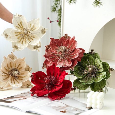 Fleurs Artificielles - Magnolia Faux Fleurs 30 cm Tige Longue Décoration Arbre De Noël Vase Filler Fête Maison 1 Pièce (1/5)
