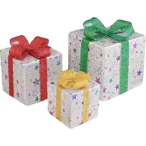 Beleuchtete Weihnachtsgeschenkboxen mit 3 und 8 Modi, inklusive Fernbedienung, für Garten und Veranda, Silberner Stern (1/2)