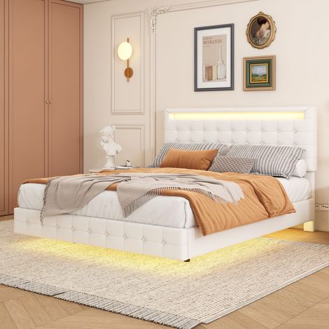 Lit coffre 140x200 cm LED en PU blanc, lit flottant design avec sommier à lattes inclus, tête de lit réglable en hauteur, sans matelas (1/5)
