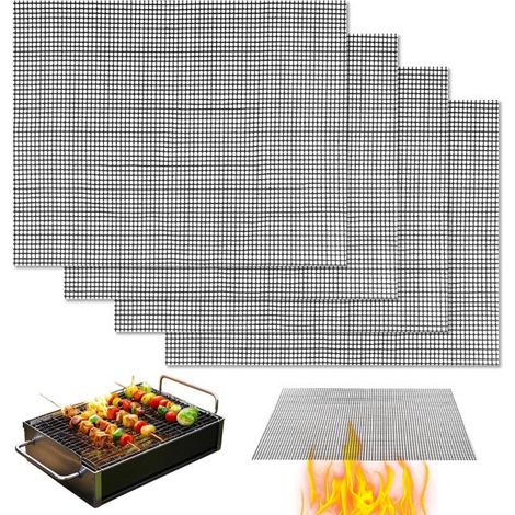 Juego de cuatro esterillas para barbacoa, de 40×30 cm, reutilizables, aptas para barbacoas y parrillas de carbón, de color negro. (1/5)