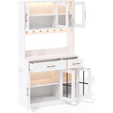 Buffet blanc avec 6 portes, 2 tiroirs, éclairage LED contrôlé par application, poignées métalliques dorées, 180 x 100 cm (1/5)