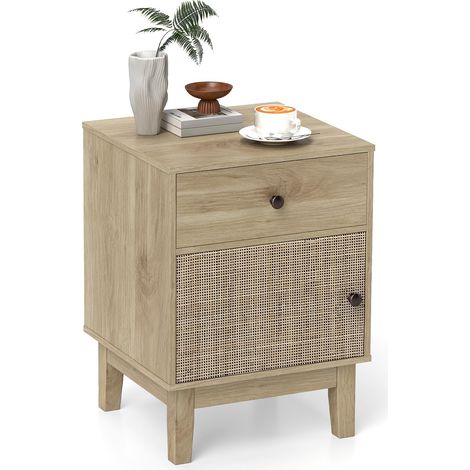 COSTWAY Comodino in Rattan 40 x 39 x 55 cm, Mobile Moderno con Cassetto, Armadietto e Gambe in Legno Massello, Tavolino in Stile Boemia per Camera da Letto, Soggiorno e Salotto (Nero)