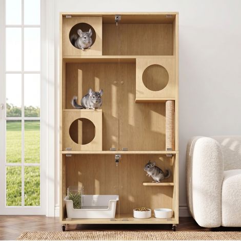Jaula interior para gatos 90 x 50 x 166 cm de MDF y vidrio templado DESVIAE (1/5)