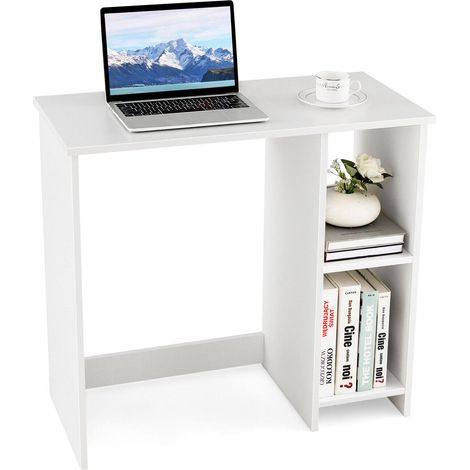Bureau d'appoint blanc 80 cm avec 2 compartiments et étagère, pieds antidérapants pour bureau à domicile, chambre et petit espace (1/5)