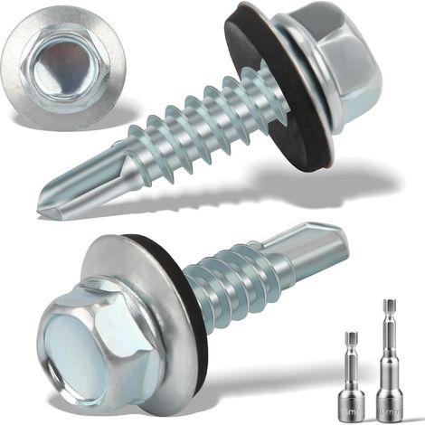 120 Pcs Vis Autoperforante 6.3x25MM Pour Metal Bac Acier Toiture - Auto-Taraudeuses à Tête Hexagonale Avec Rondelle D'étanchéIté - 2 Douilles Hexagonales Incluses - Galvanisées, Argenté (1/5)