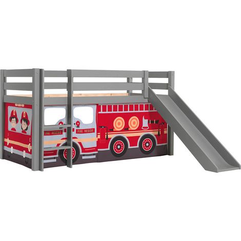 SLEEPY - Lit Mi-Haut Tobogan Laqué Gris 90x200cm Housse Pompiers