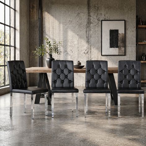 Pack de 4 sillas de comedor en PU negro con patas metálicas plateadas DESVIAE (1/5)