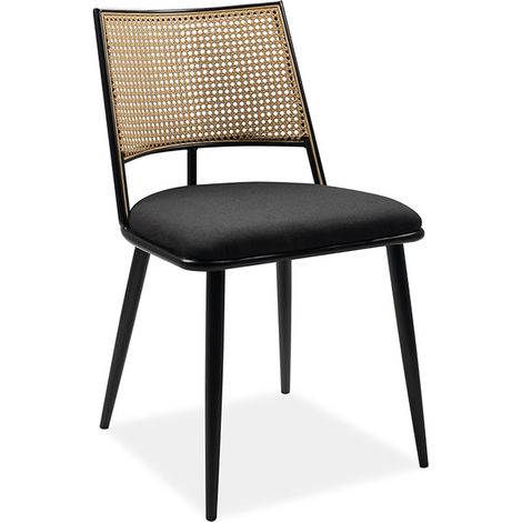 Lot de 4 chaises repas en rotin et tissu noir – Dimensions 47x55x79 cm – Hauteur d'assise 46 cm – Structure métal pour confort durable (1/5)