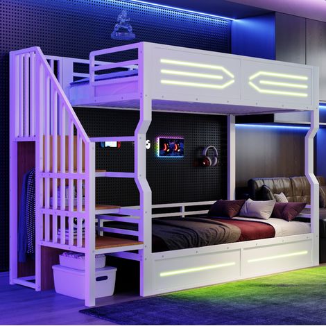 Lit mezzanine 90/200 cm blanc en métal et MDF avec LED et escalier de rangement (1/5)