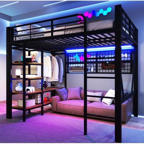 Bett Hochbett Aufbewahrung 140x200 Metall LED Schwarz OKMYHOME (1/5)