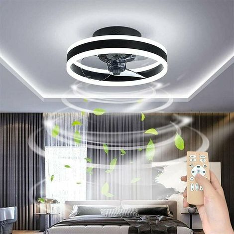 Plafonnier-ventilateur silencieux avec éclairage et télécommande — Ultra-fin, intensité réglable, pour salons et chambres — Noir, 40 cm (1/5)
