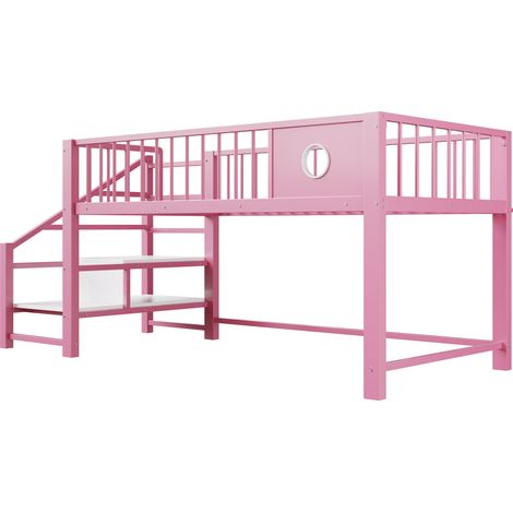Kinder-Halbhochbett 90 x 200 cm aus rosa Metall mit Aufbewahrungsleiter (1/5)