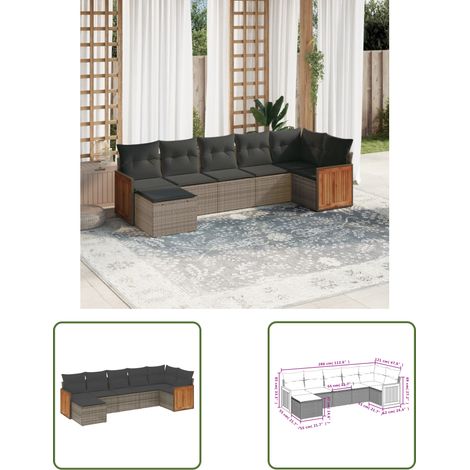 The Living Store Salon de jardin avec coussins 7 pcs gris résine tressée - Ensemble Salon De Jardin - Meuble Extérieur - Résine Tressée - Rotin Synthétique - Mobilier De Jardin