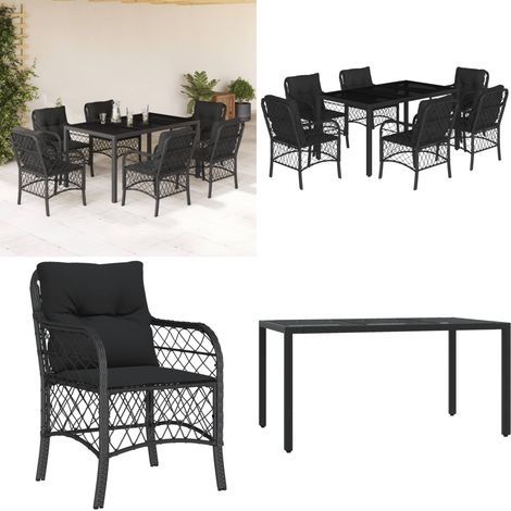 7-tlg. Garten-Essgruppe mit Kissen Schwarz Poly Rattan - Gartentisch - Gartenstuhl - Gartenmöbelset - Esstisch - Outdoor Möbel - Home & Living (1/5)