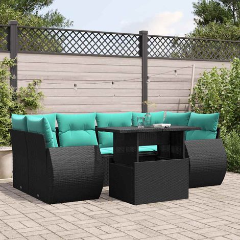 7-teiliges Gartensofa-Set mit Kissen, schwarzes Polyrattan (1/5)