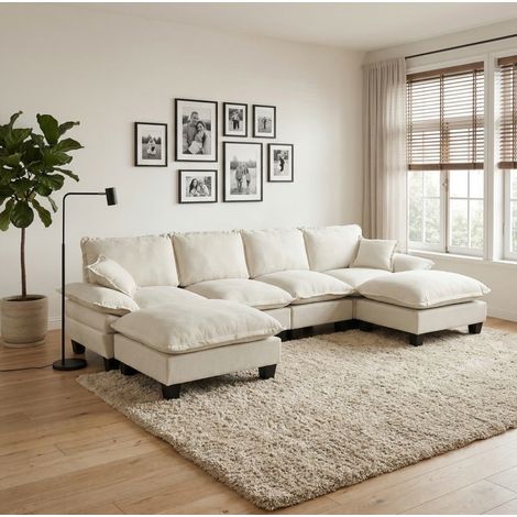 Modulares Ecksofa 332x151x90 cm Beige Chenille mit Ottomanen und abnehmbaren Armlehnen (1/5)