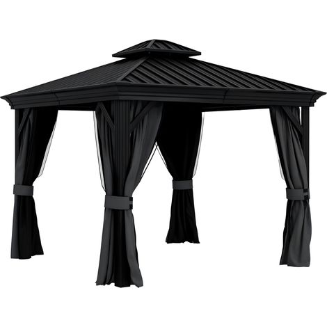 3.65 x 3m Aluminium Hardtop Gazebo, with Accessories - Dark Grey
