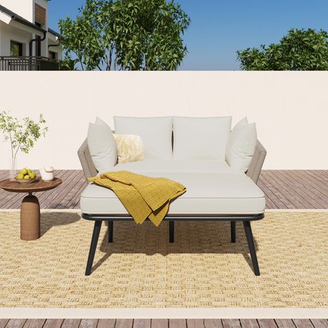 Sofa de jardin avec 2 coussins et 2 rembourrages, lit de soleil en extérieur, ensemble de mobilier de jardin, mobilier de balcon, meubles de salon, meubles de terrasse, les coussins sont amovibles et (1/5)