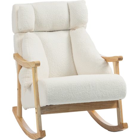 HOMCOM silla mecedora con reposacabezas ajustable, tapizada en borreguito, asiento amplio, acolchado grueso, base de madera, crema (1/5)