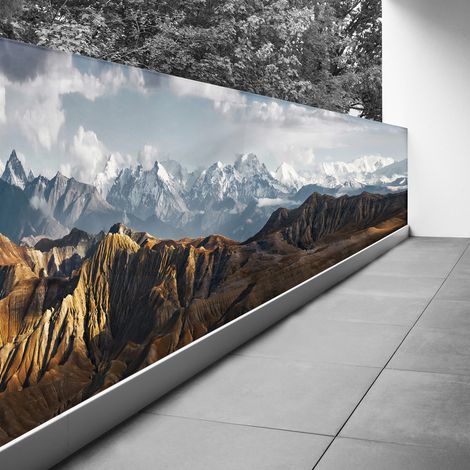 Brise vue Trompe l'oeil - 120x390 cm - Paysage des montagnes du Népal - Recto Imprimé / Verso BlancBâche Micro Perforée - 80% d'occultation (1/3)