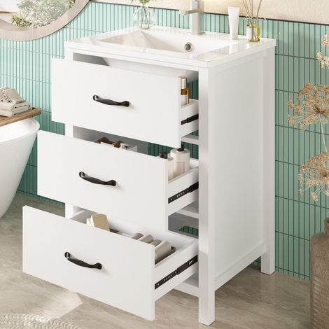 Meuble vasque sur pied avec rangement, lavabo en céramique, 3 tiroirs à fermeture douce, 61x47x83 cm, MDF blanc (1/5)