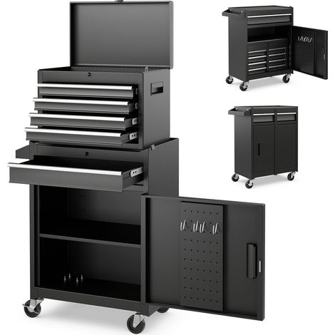 Servante d’Atelier avec Coffre Amovible, 28 x 59 x 102CM, Caisse à Outils Roulant avec 5 Tiroir Verrouillable & Armoire à Étagère Réglable, Poignée Latérale, pour Garage, Atelier(Noir) (1/5)