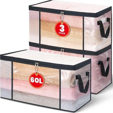 Sac de Rangement Vêtements Transparent sous Lit Armoire Anti-Poussière, Fermeture Éclair et Poignées Pliable, Lot de 3 60L (1/5)