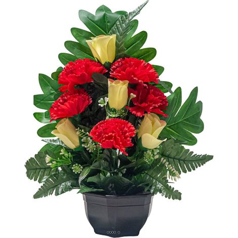 Vasque de Boutons de Roses fleurs artificielles pour le cimetière H 45 cm D 36 cm Rouge-orange - couleur: Rouge-orange