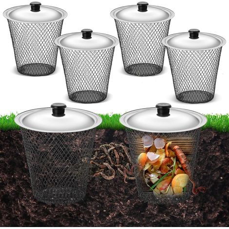 Lot de 4 composteurs à vers enterrables avec couvercles (9,1 x 9,1 x 5,9 pouces) – Composteur d'extérieur pour transformer les déchets de cuisine en engrais pour potagers surélevés (1/5)