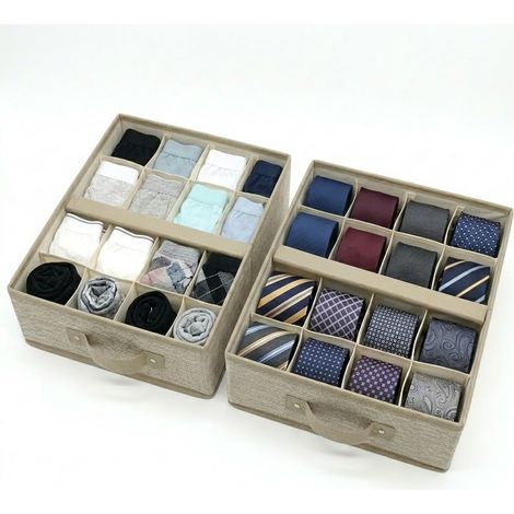 Set di 2 Organizer Cassetti armadio 16 Posti in Tessuto TNT Rigido Beige con Divisori per Calzini Mutande Cravatte e Biancheria 35x27x9 cm Contenitore box Pieghevole con Maniglia Salvaspazio e ordine
