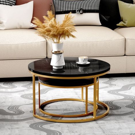 Lot de 2 tables basses gigognes, MDF, plateau noir, pieds de table dorés convient pour le salon (1/5)
