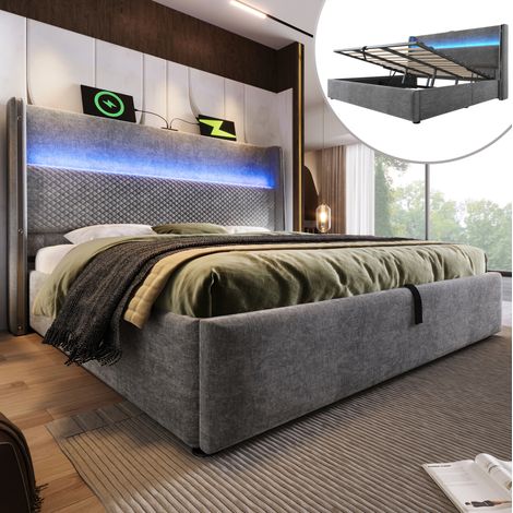 Letto a cassone adulti 160x200 cm con vano portaoggetti, LED, porte USB e USB Type-C, lino, senza materasso, senza fondo, grigio (1/5)