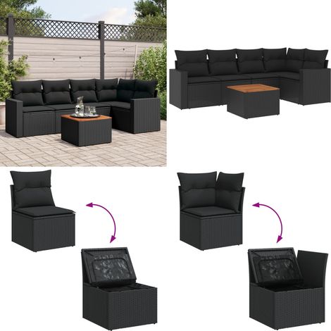 6-tlg. Garten-Sofagarnitur mit Kissen Schwarz Poly Rattan - Gartenmöbel Set - Esszimmergarnitur Outdoor - Lounge Möbel - Rattan Gartenset - Balkonmöbel - Home & Living (1/5)