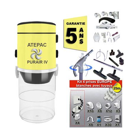 Aspiration centralisée ATEPAC PURAIR IV (jusqu'à 350 M²), Garantie 5 ans + Set inter 9 M + 8 accessoires + kit 4 prises + kit prise balai + kit prise garage (1/5)
