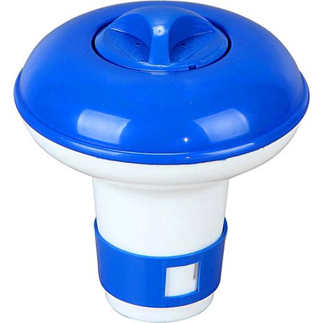 Diffuseur de pastilles flottant pour spa et piscine, distributeur de chlore flottant pour pastilles 1.5 pouces, 20 bouches réglables, PP bleu blanc 13x13x12.5 cm
