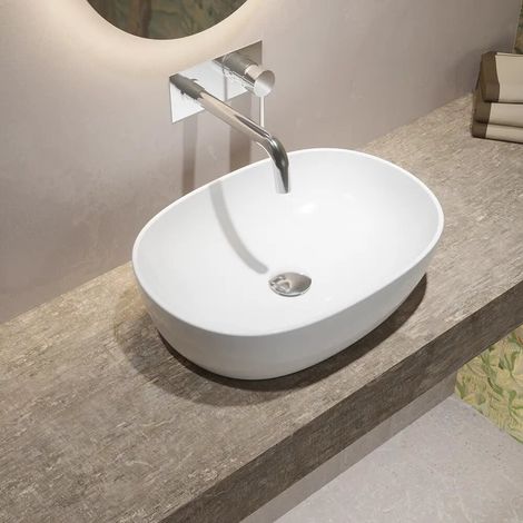 Lavabo da appoggio ovale con bordo slim 49x36x13 5 cm Bianco (1/4)