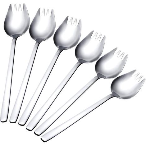 Cuchara/tenedor 2 en 1 de acero inoxidable, mango de 18,5 cm de largo, tenedor para ensalada/cuchara para postre (plateado) (1/5)