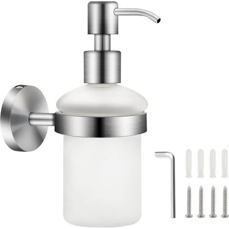 Wall-mounted soap dispenser in frosted glass, 200 ml – Stainless steel – Wall-mounted for shower gel and liquid soap – Transparent bottle (1/5)