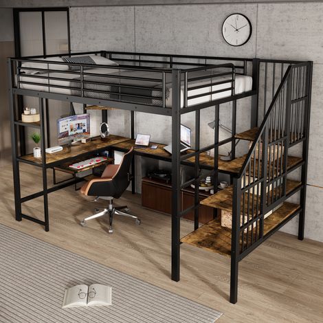 Lit mezzanine 120x200, avec grand bureau et escalier de rangement sécurisé, Structure solide en métal et MDF avec port de charge USB, Noir (1/5)