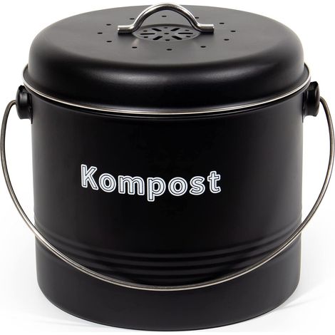 Poubelle bio de cuisine 7 l, poubelle bio anti-odeurs avec filtres à charbon actif, seau à compost en métal, déchets biologiques rétro (noir mat) (1/5)